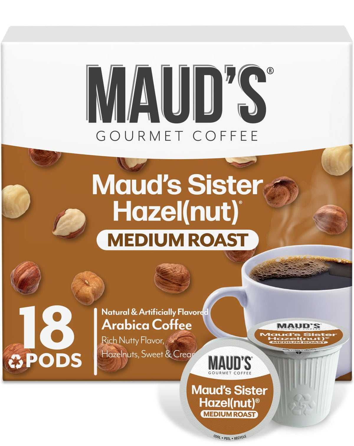 Maud's Sweet Hazelnut coffee pods front view in 18-count package for quick mornings