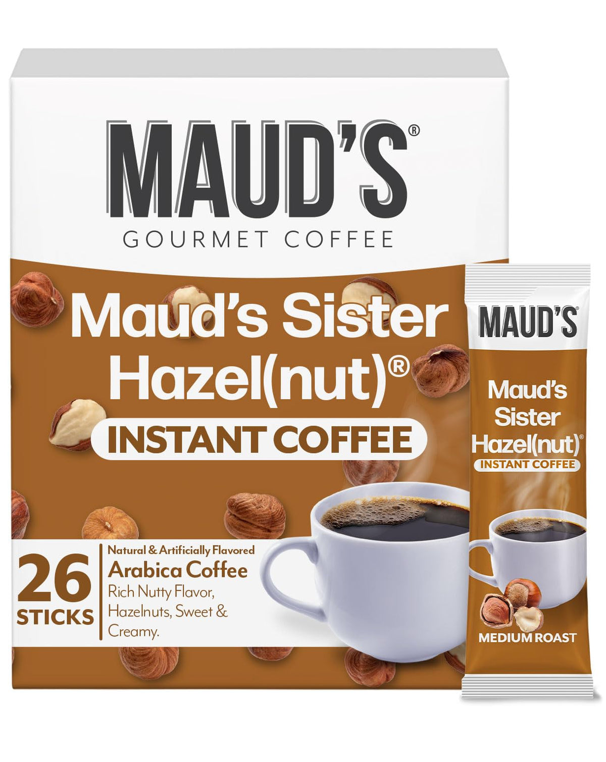 Maud's Sweet Hazelnut Instant Coffee box for a quick, flavorful morning