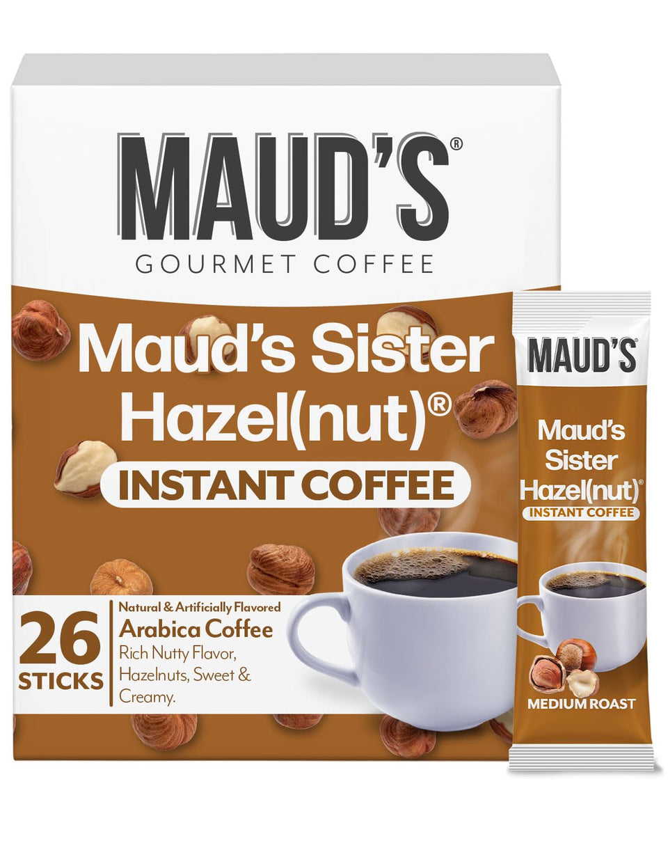 Maud's Sweet Hazelnut Instant Coffee box for a quick, flavorful morning