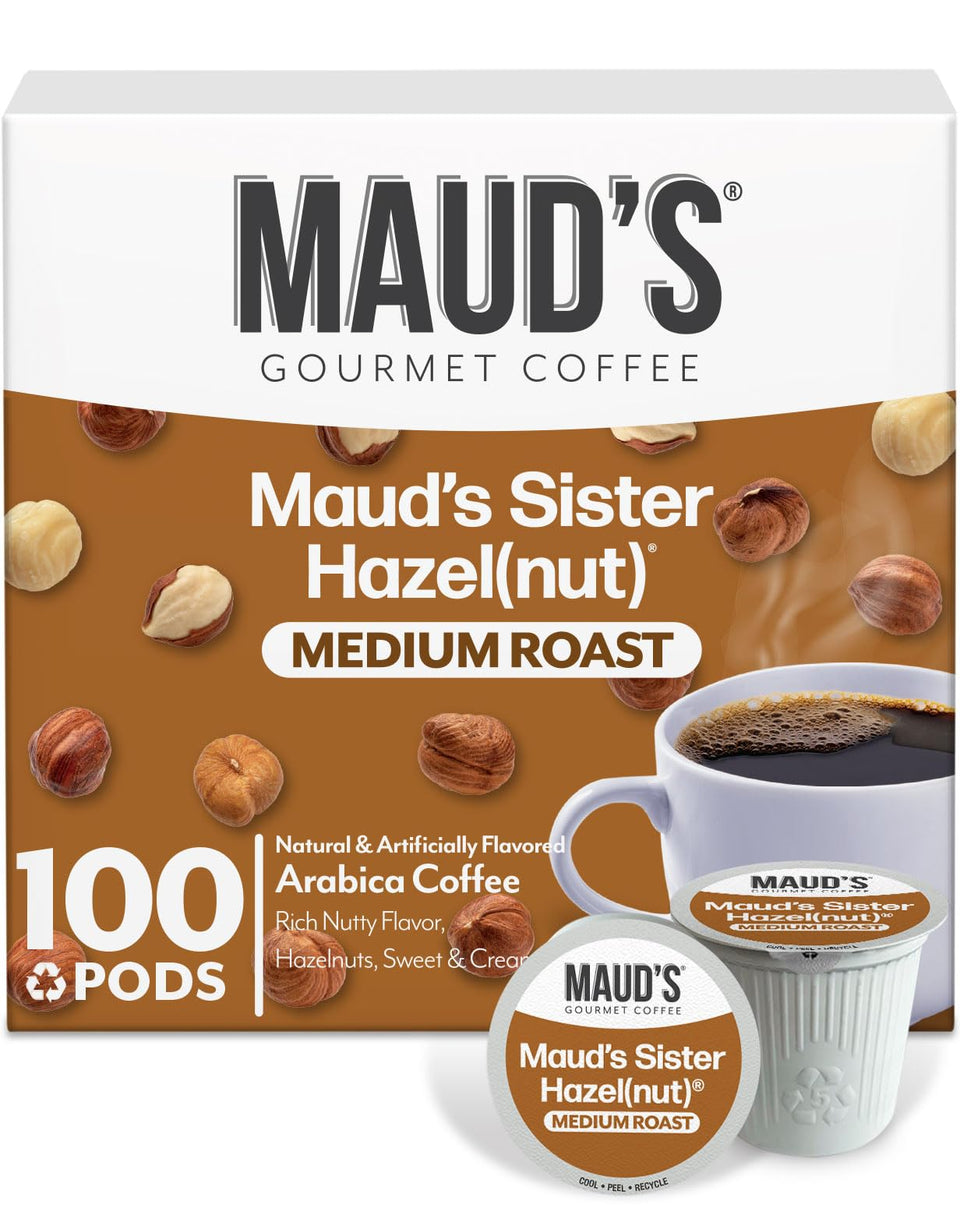 Maud's Sweet Hazelnut pods packaging highlights convenient, cafe-quality flavor with ethical sourcing.