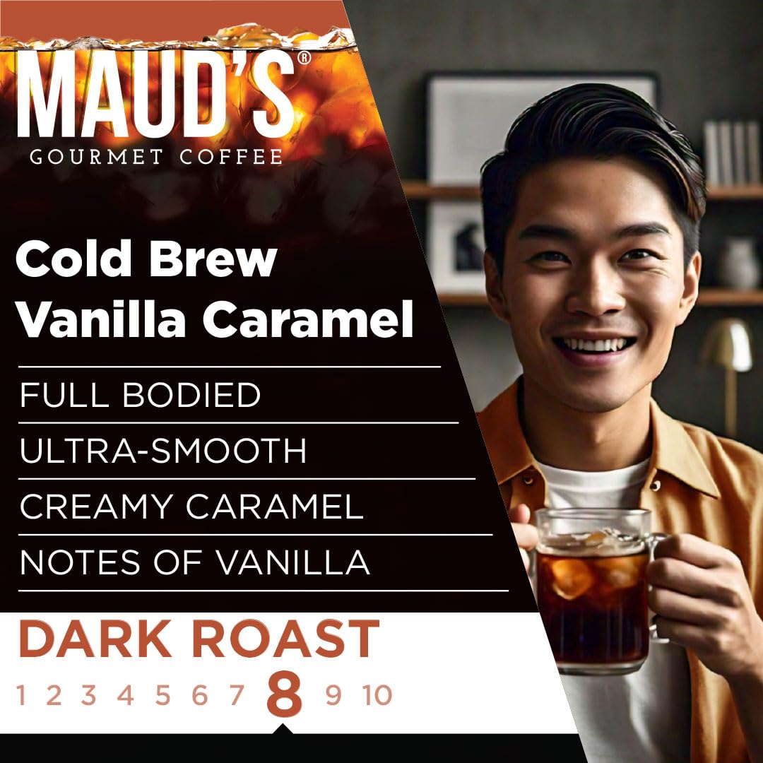 Maud’s Vanilla Caramel coffee cup steaming with inviting aroma.