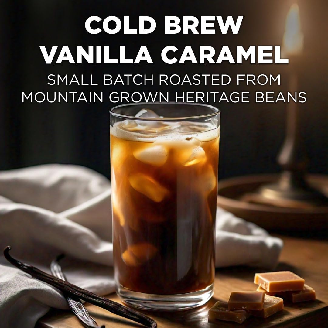 Maud’s Vanilla Caramel cold brew over ice for refreshing flavor.