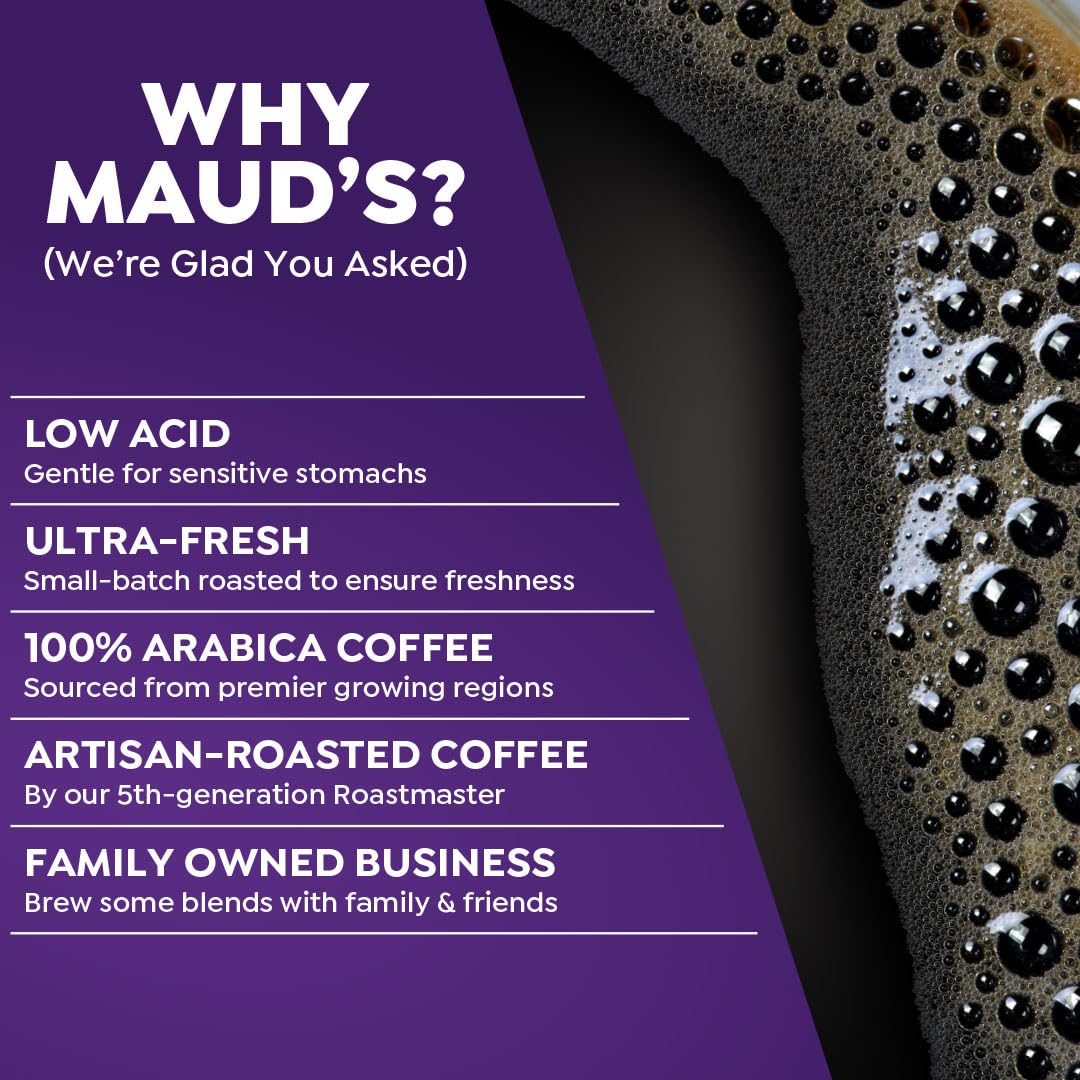Bag of Maud's Vanilla Ube coffee showcasing ethically sourced beans