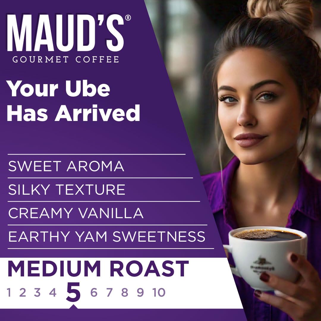 Steaming cup of Maud's Vanilla Ube reveals creamy vanilla notes