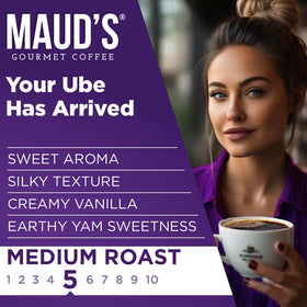 Steaming cup of Maud's Vanilla Ube reveals creamy vanilla notes