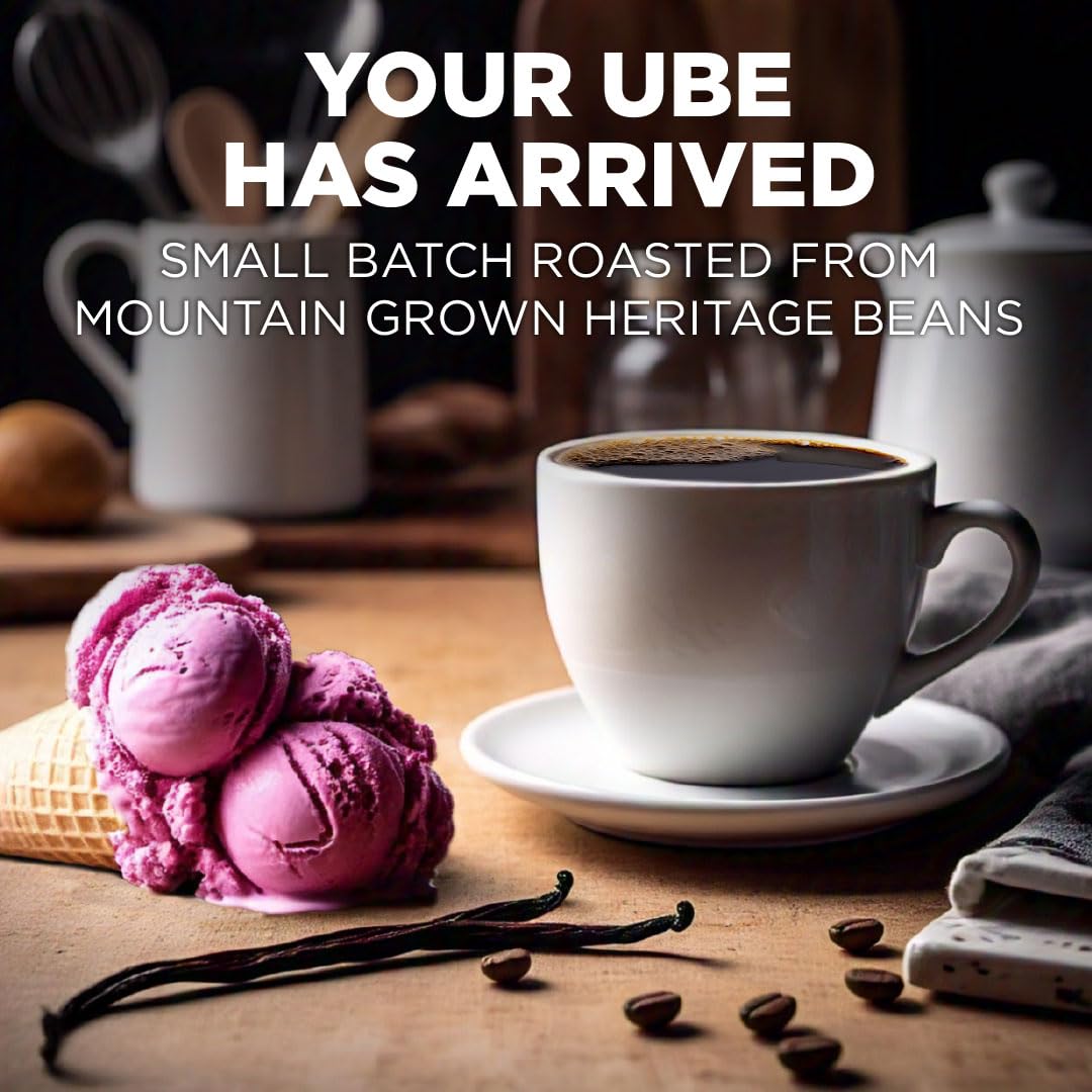Close-up of Maud's Vanilla Ube pod highlighting 100% Arabica beans