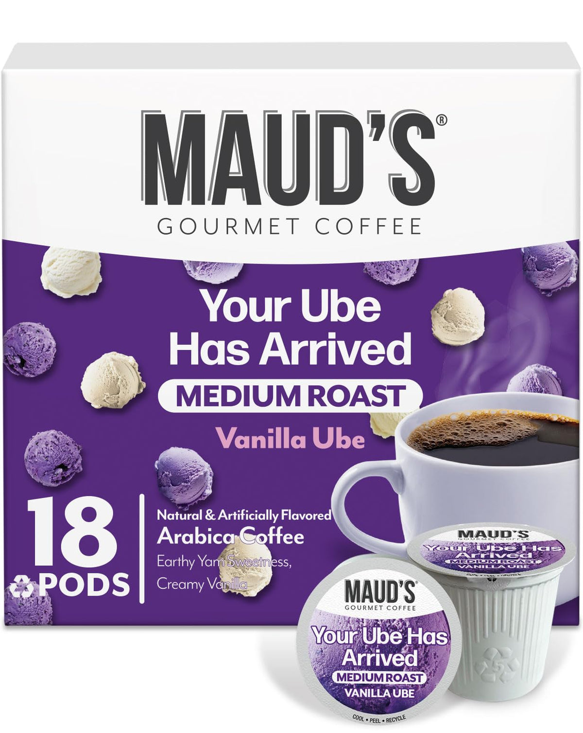 Maud's Vanilla Ube coffee pods pack for quick, cafe-quality mornings