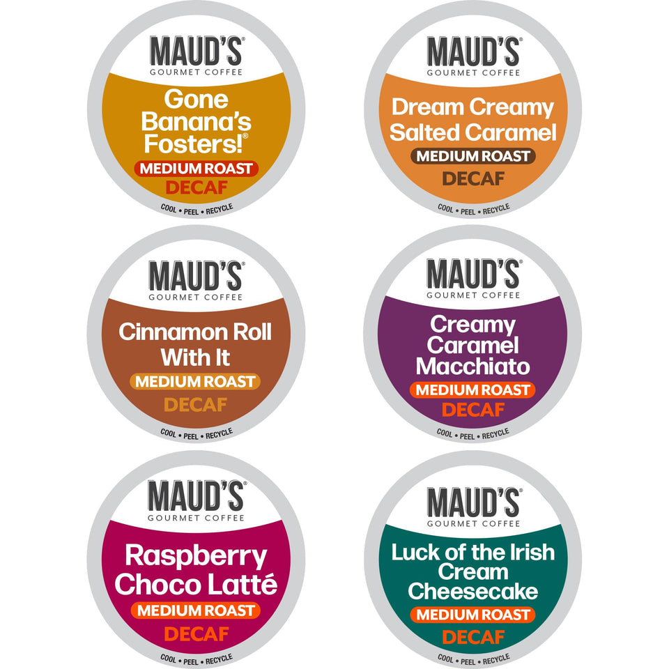 Maud's variety pack display shows six decaf flavors for easy at-home brewing.