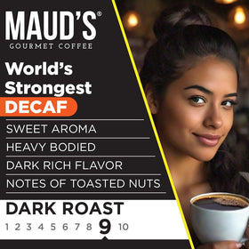 Maud's World's Strongest Decaf pods brew close-up showing rich dark roast.