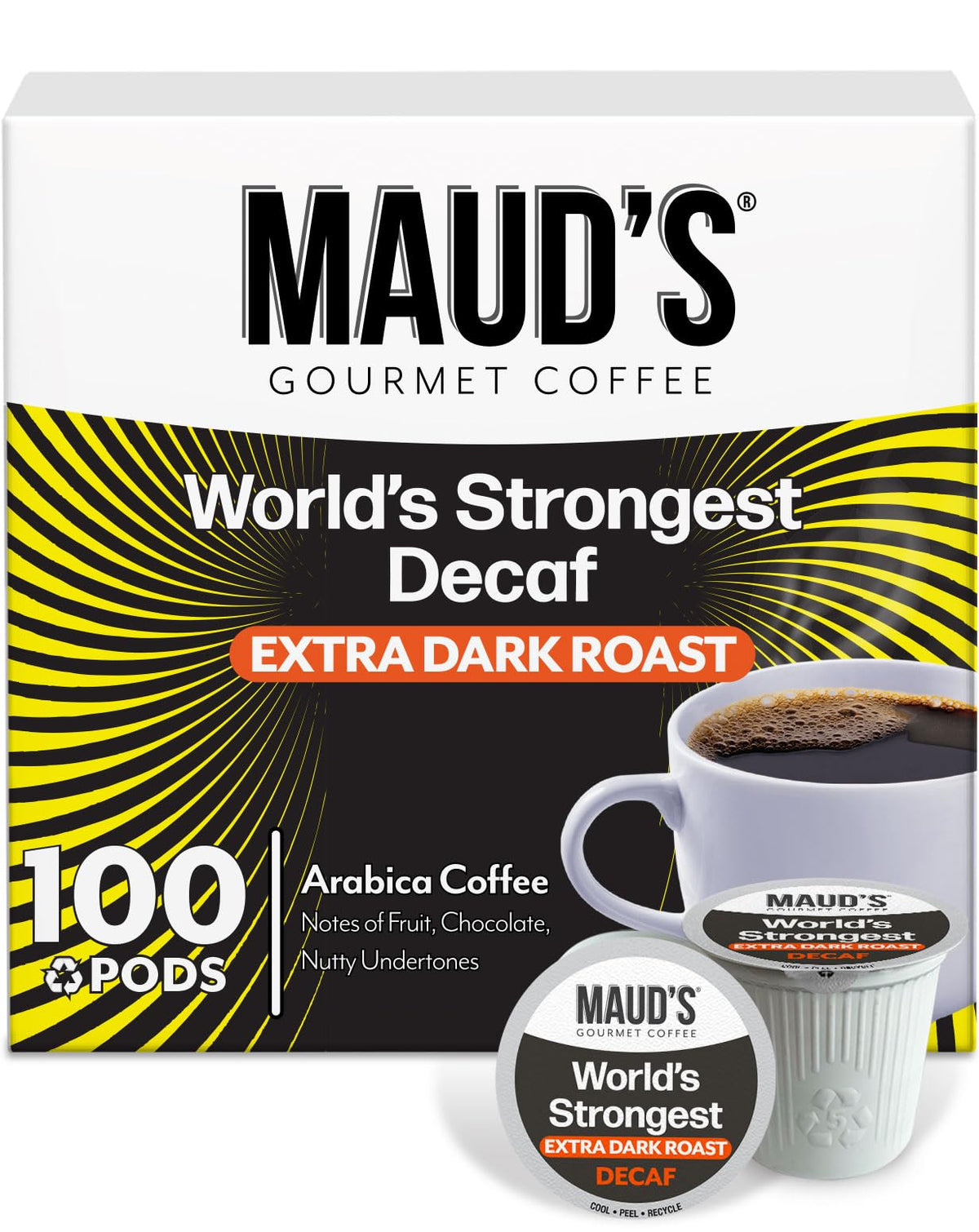 Maud's World's Strongest Decaf pods packaging, easy at-home value and sustainability.