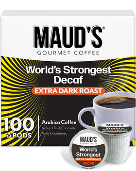 Maud's World's Strongest Decaf pods packaging, easy at-home value and sustainability.