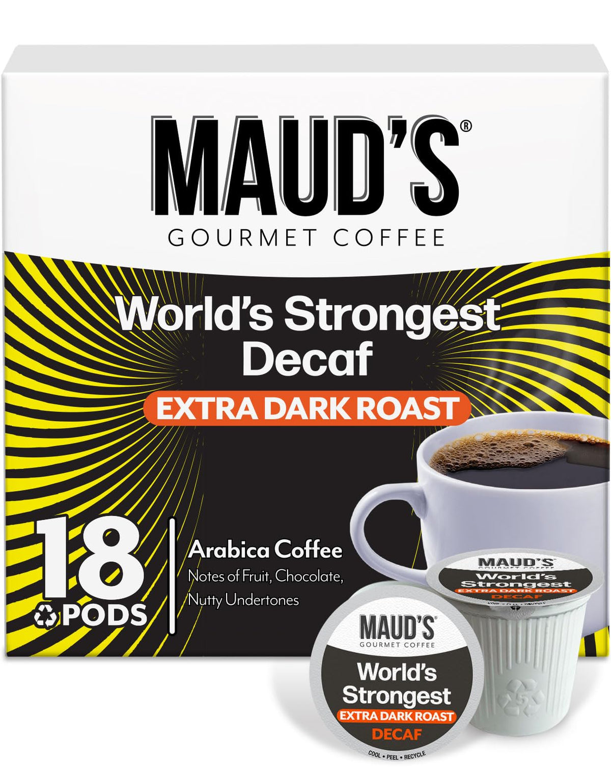 Maud's World's Strongest Decaf pods in a packshot showing bold flavor and convenience