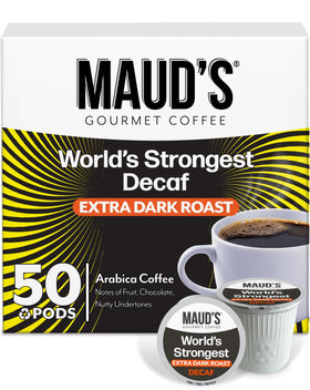 Maud's World's Strongest Decaf pods pack shot, bold flavor for any morning.