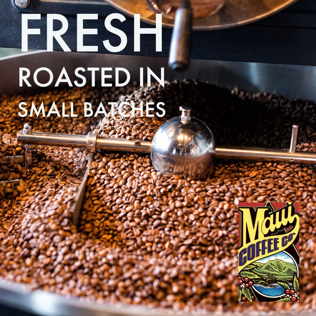 Maui Coffee Co Vanilla Macadamia Nut brand label on sleek packaging.
