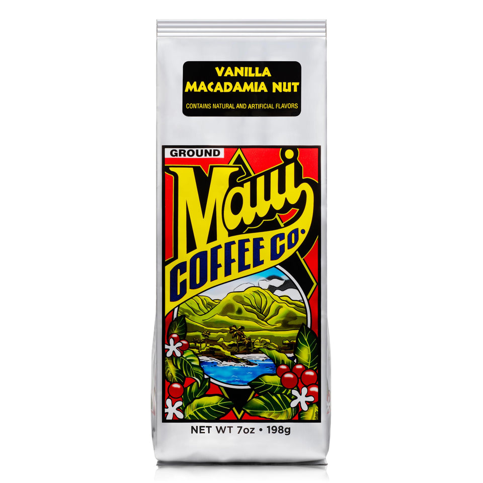 Maui Coffee Co Vanilla Macadamia Nut ground coffee in a bag, rich morning aroma.