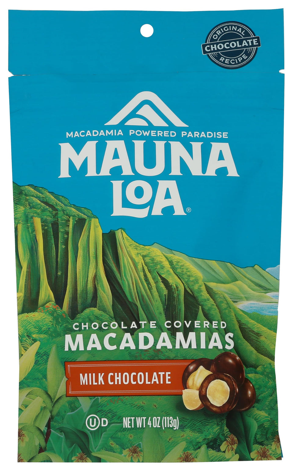 Mauna Loa milk chocolate covered macadamias in a 4oz bag, ideal indulgent snack.