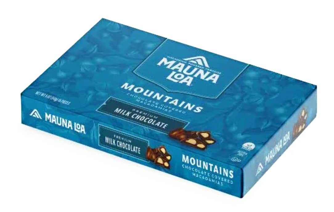 Mauna Loa Mountains Milk Chocolate Macadamia Nuts box front, ideal for gifting and sharing.