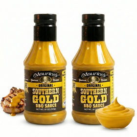 Maurice's Southern Gold BBQ bottle pouring for a glossy glaze.