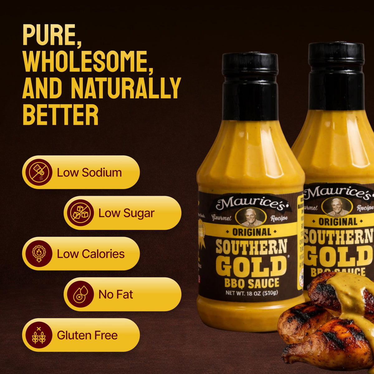 Maurice's Southern Gold BBQ on chicken creates a tangy glaze.