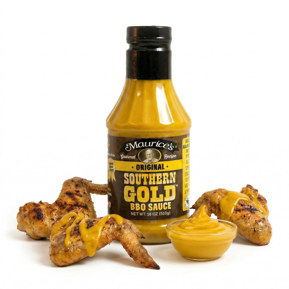 Maurice’s Southern Gold BBQ sauce bottle pouring over ribs for timeless Carolina flavor.