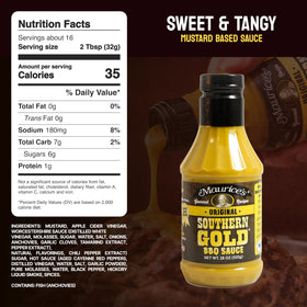 Maurice’s Southern Gold BBQ sauce dipping plate with pulled pork and tangy glaze.