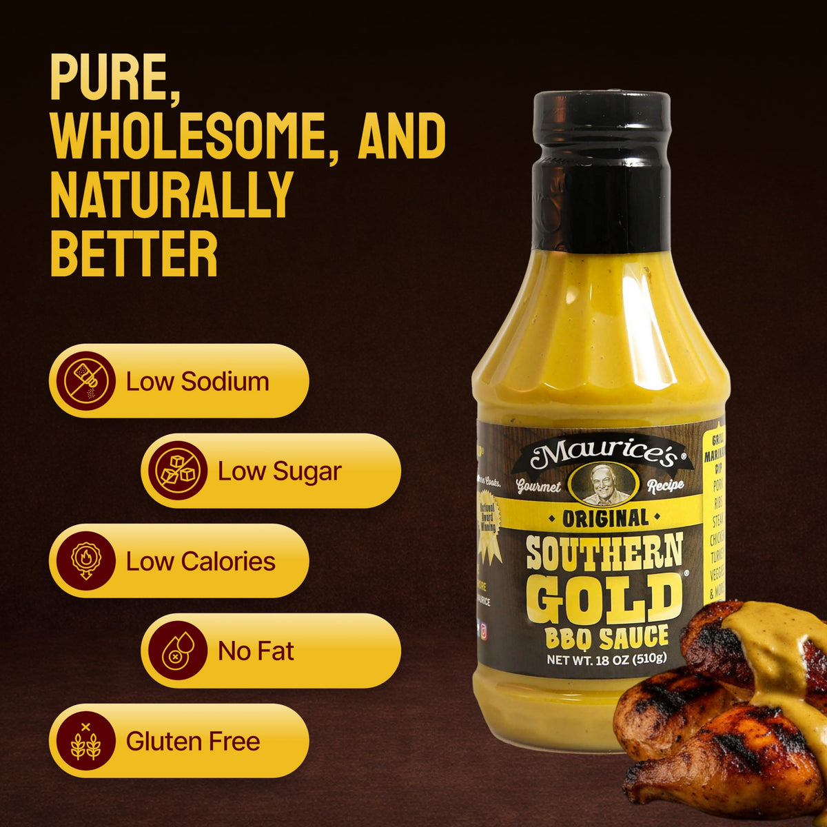 Maurice’s Southern Gold BBQ sauce glass jar glazing grilled chicken for a bold finish.