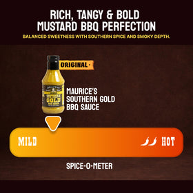 Maurice’s Southern Gold BBQ sauce bottle beside grilled burgers for a glossy finish.