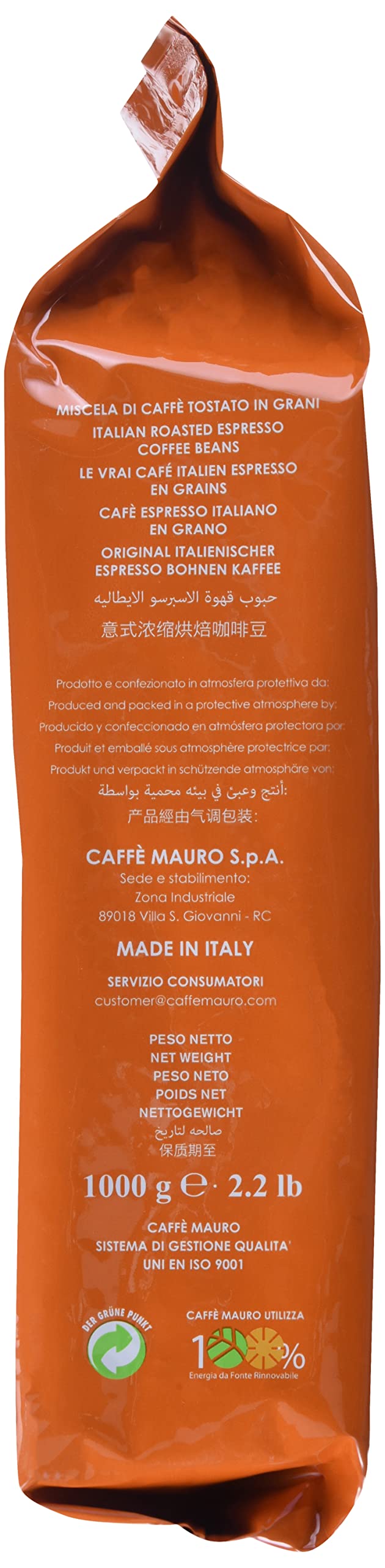 Caffe Mauro Mauro De Luxe 2.2 lb bag preserves freshness and aroma.