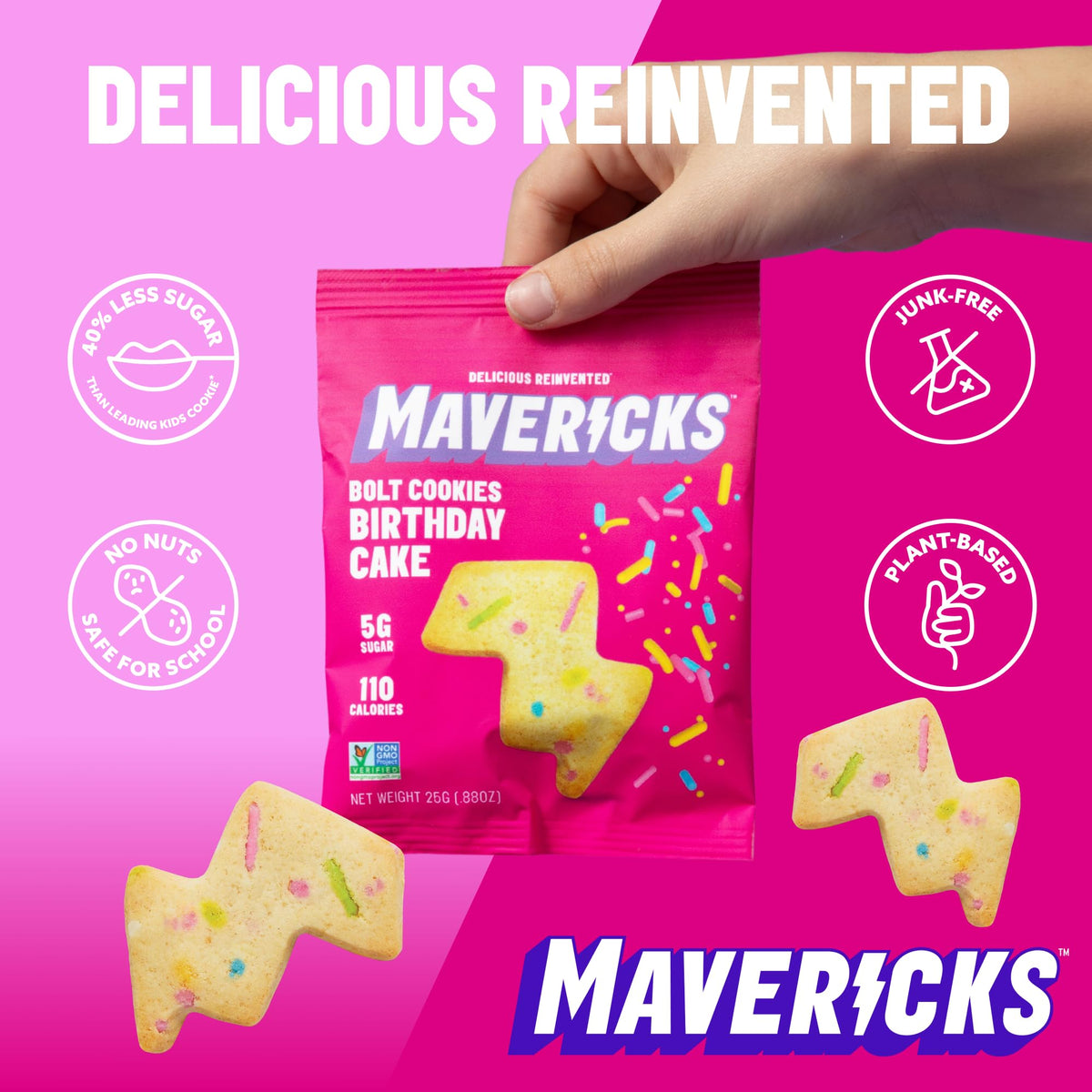 MAVERICKS Birthday Cake Bolt Cookie close-up reveals festive confetti texture for kids.