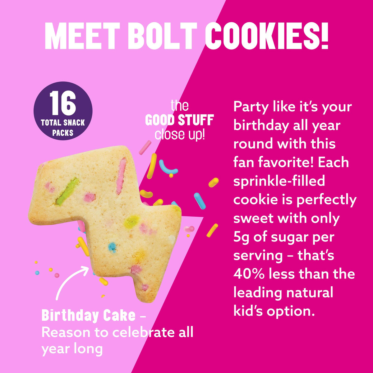 MAVERICKS Birthday Cake Bolt Cookie on-the-go pouch, grab-and-go snack.