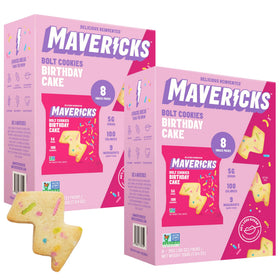 MAVERICKS Birthday Cake Bolt Cookie pack on a plate, ideal for school snacks.