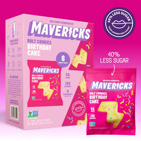 MAVERICKS Birthday Cake Bolt Cookie texture close-up, soft crumb and sprinkles.