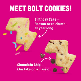 MAVERICKS Bolt Cookies vanilla dough with chips, a low-calorie indulgence.
