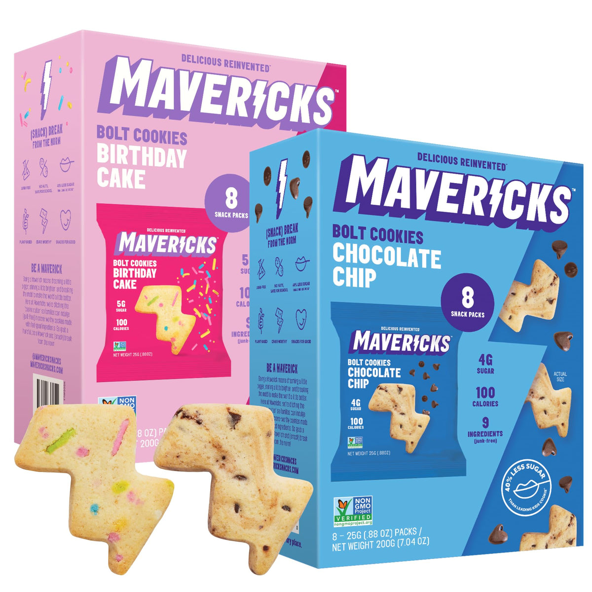 MAVERICKS Bolt Cookies variety pack front box for quick lunchbox snacking.