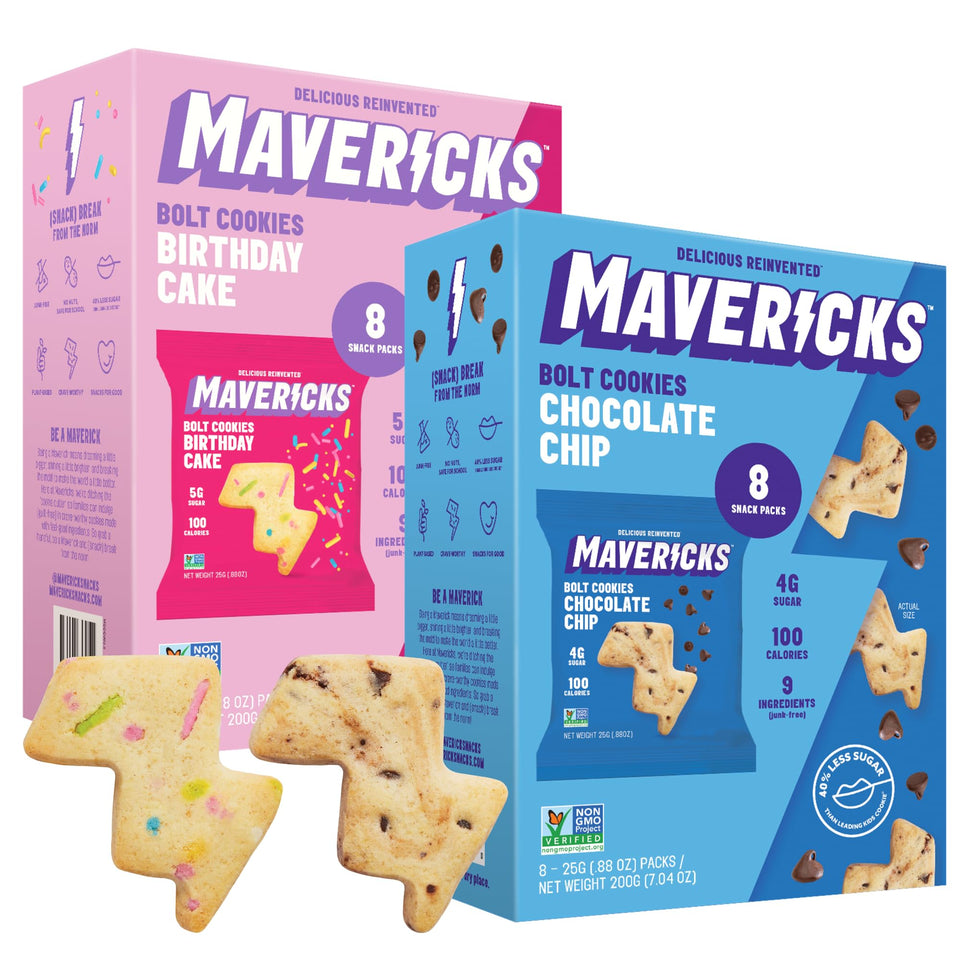 MAVERICKS Bolt Cookies variety pack front box for quick lunchbox snacking.