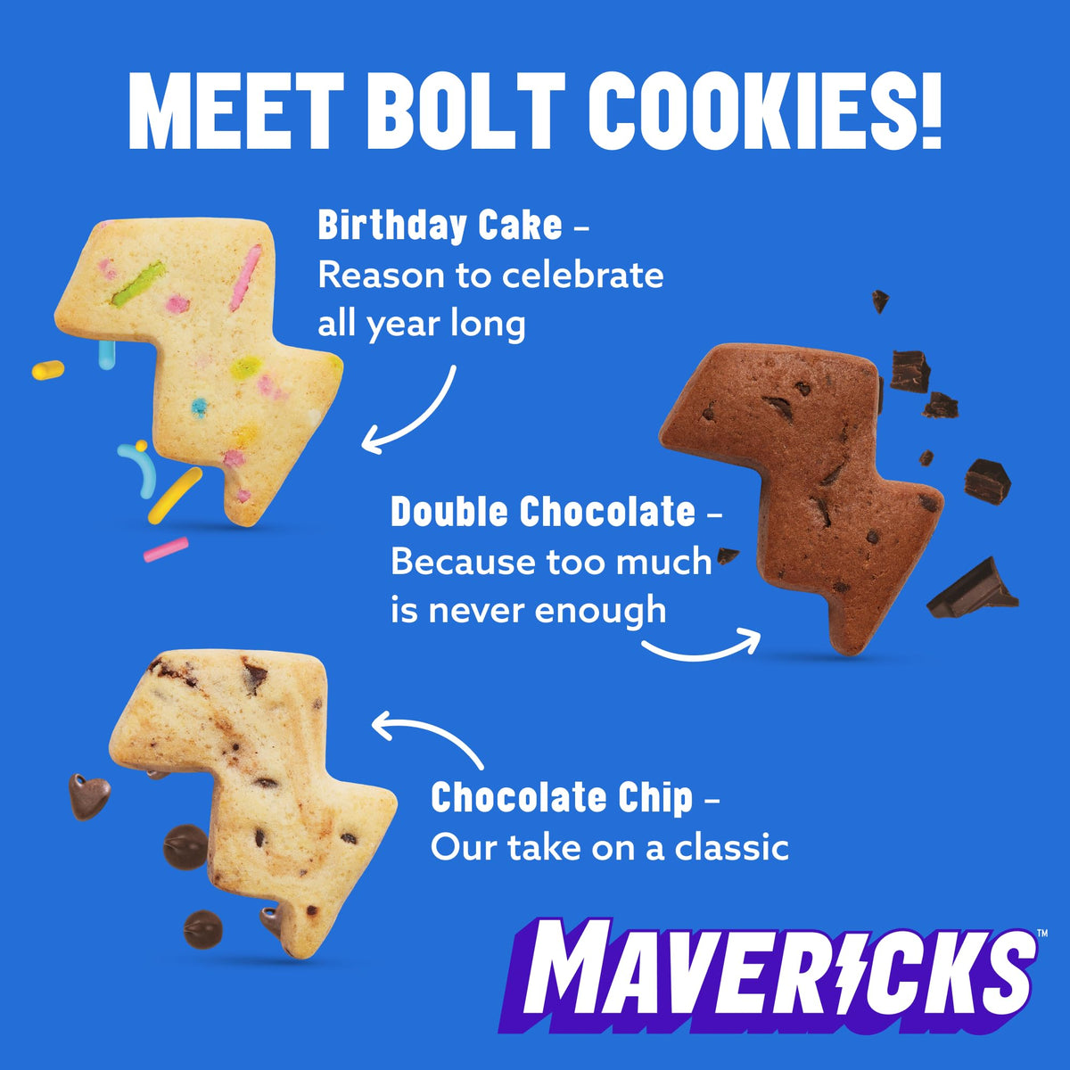 MAVERICKS Bolt Cookies Chocolate Chip close-up, kid-friendly and low-calorie