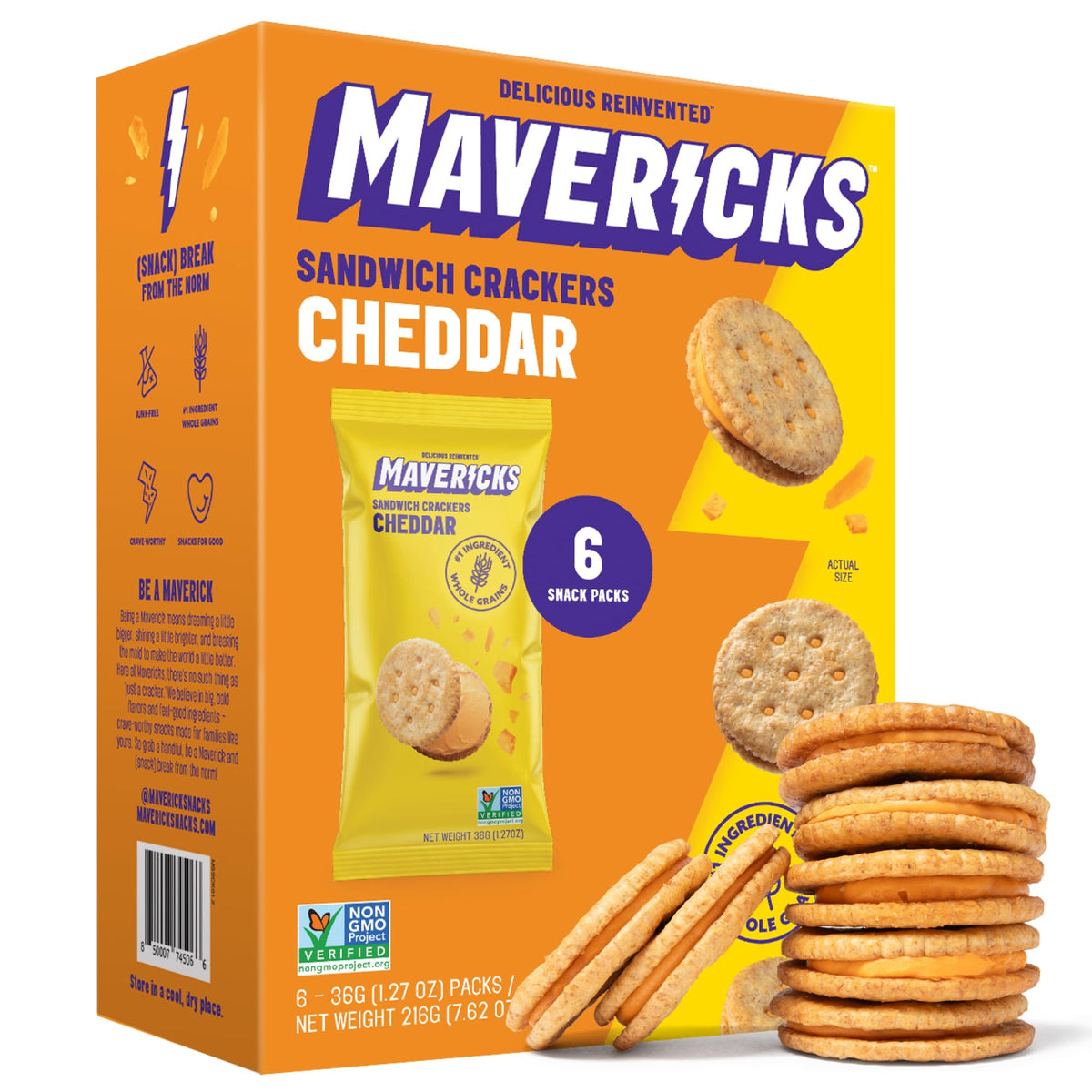 Mavericks Cheddar Sandwich Cracker front view shows savory cheddar flavor for quick snacking