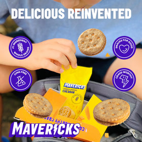 Mavericks Cheddar Sandwich Cracker package-back highlights ingredients and pantry-ready convenience