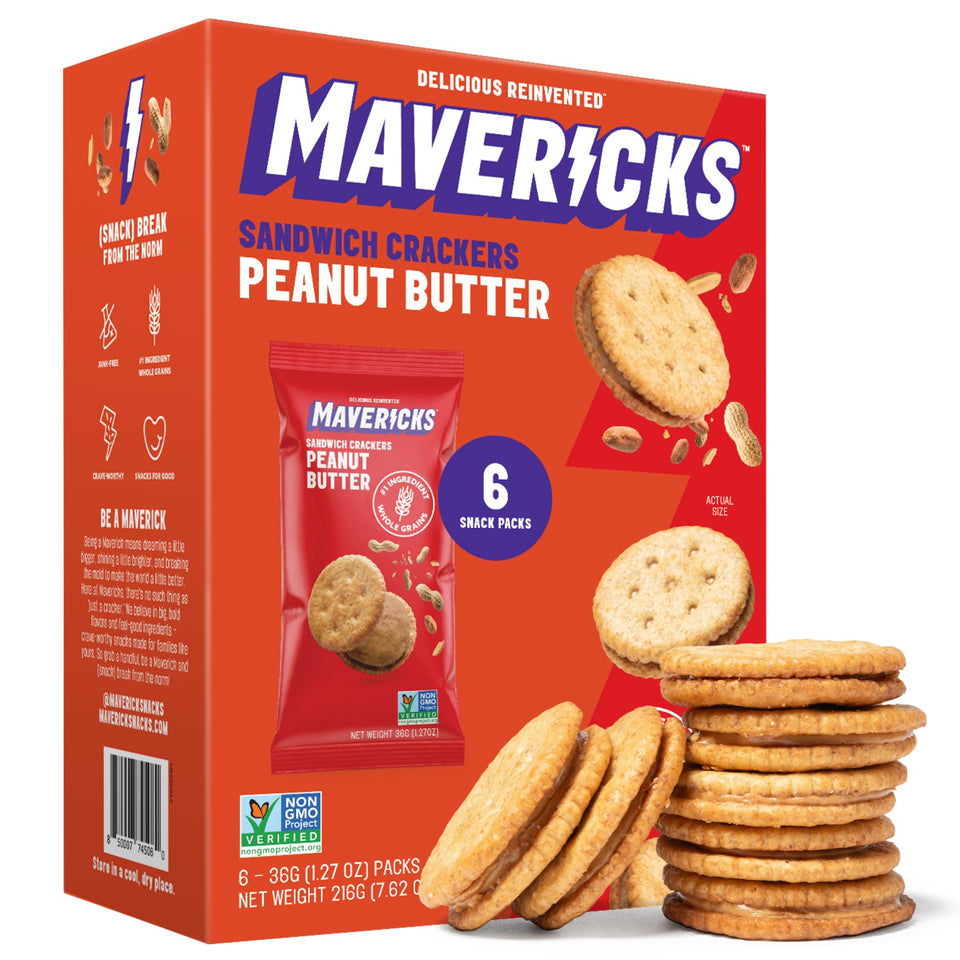 Mavericks peanut butter sandwich crackers in a 6-count pack, portable snack