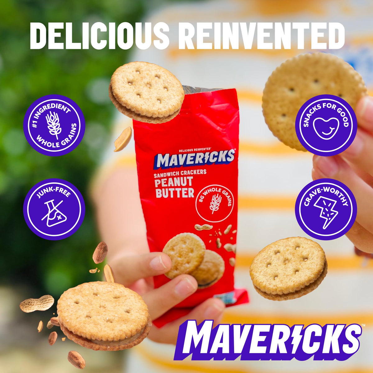 Close-up of crisp Mavericks crackers with a creamy peanut butter center
