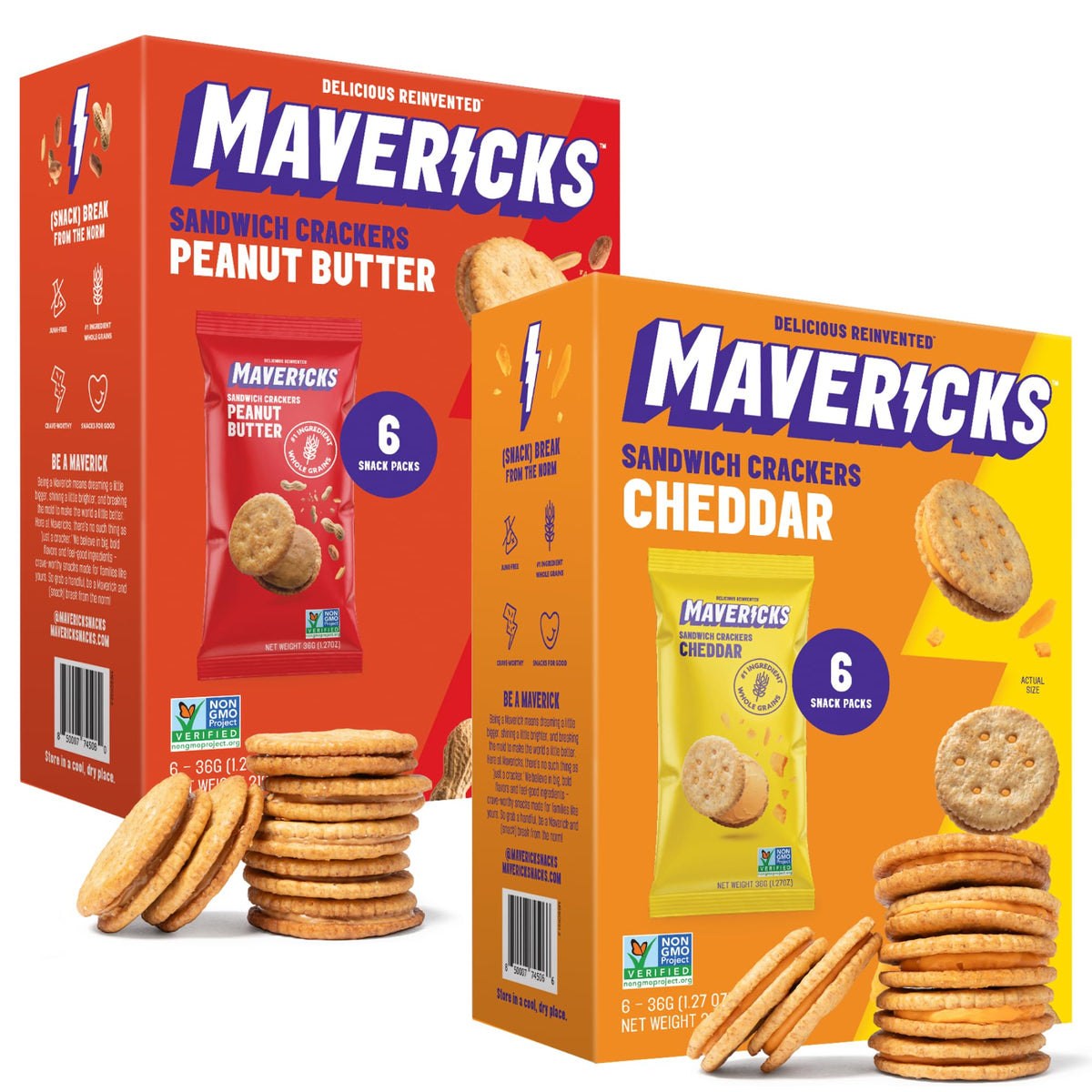MAVERICKS peanut butter sandwich crackers, six-pack convenience for busy days.