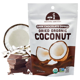 Mavuno Harvest chocolate-covered coconut slices with dark coating, vegan-friendly.