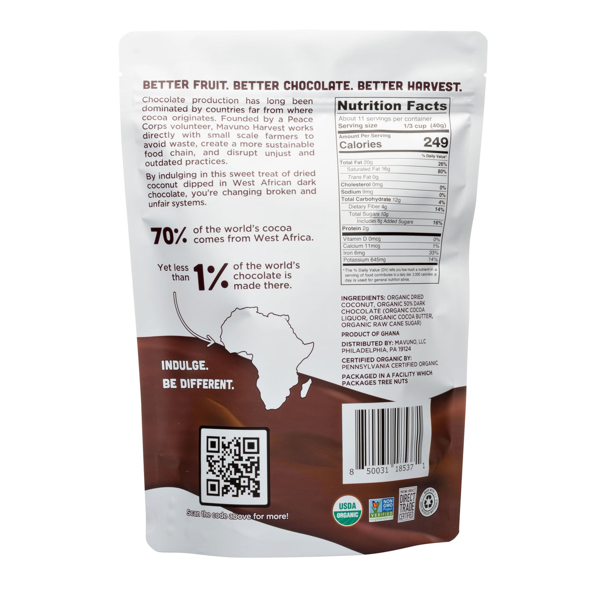 Mavuno Harvest dark chocolate-dipped coconut bite, vegan and organic.