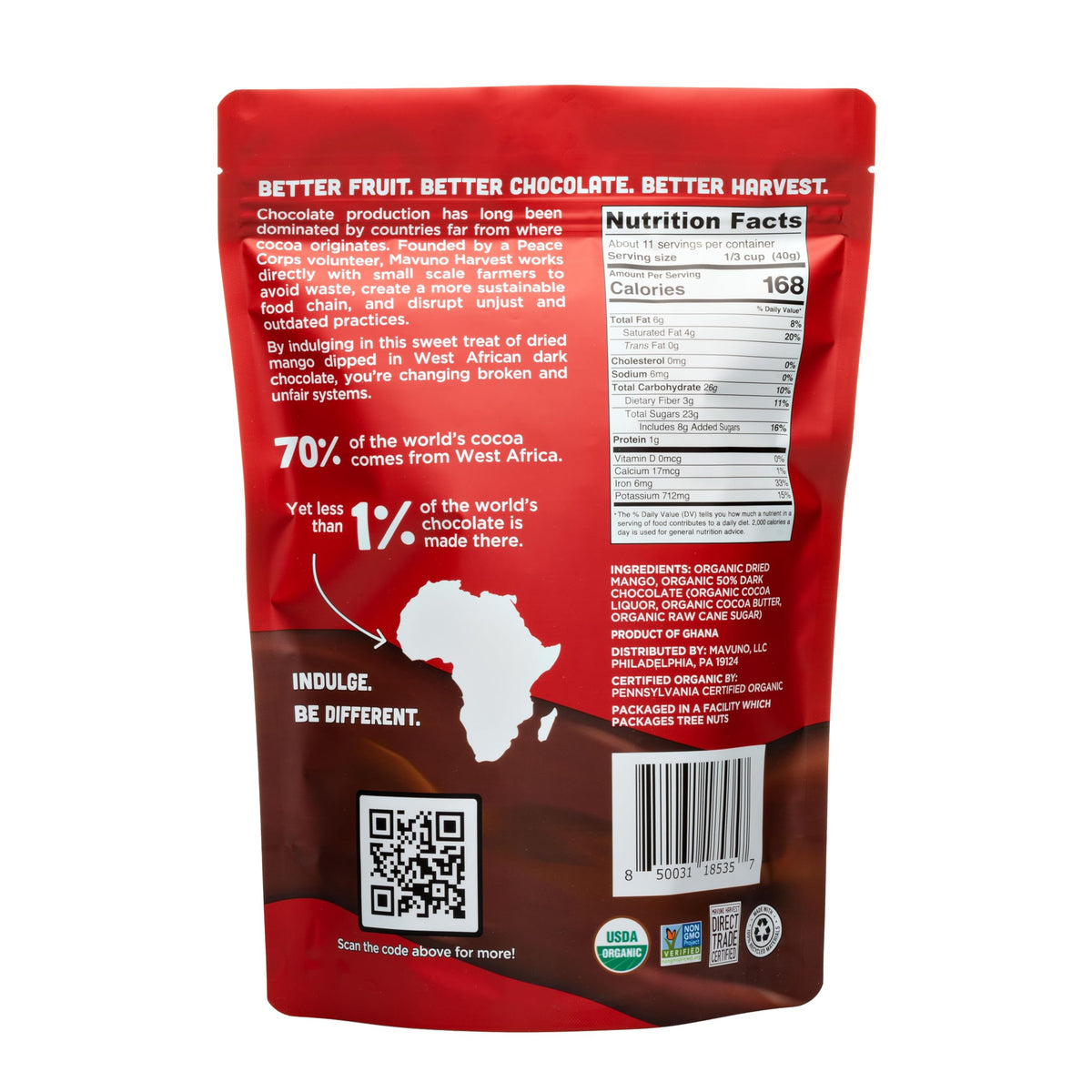 Mavuno Harvest dried mango slices with dark chocolate dip, a rich indulgence.