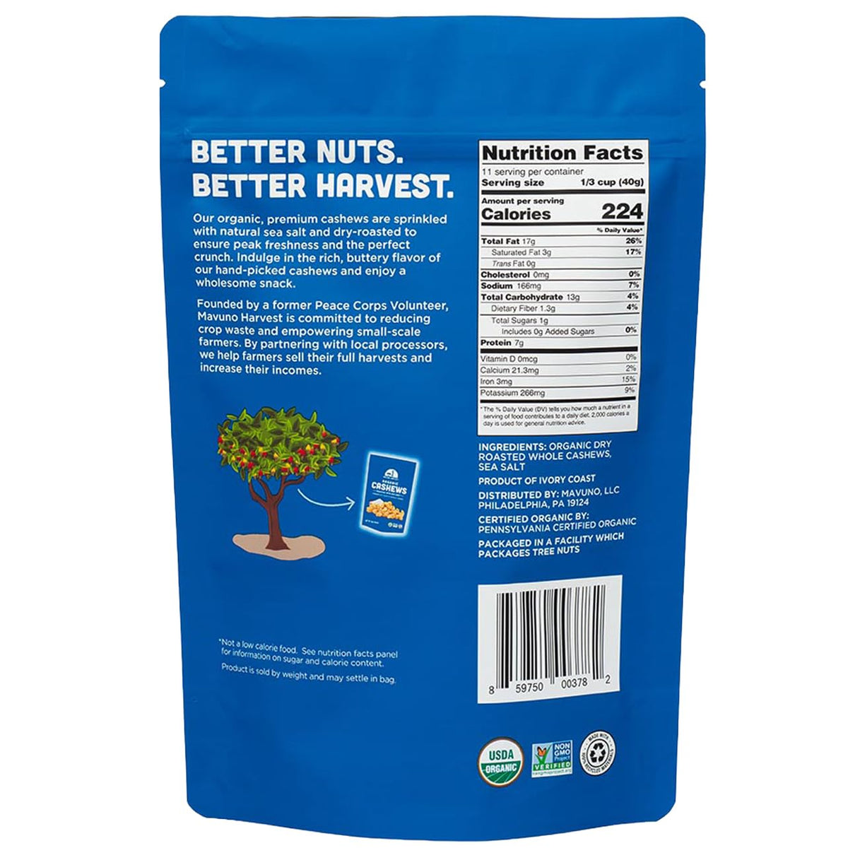 Mavuno Harvest dry roasted cashews on a wooden board, premium quality