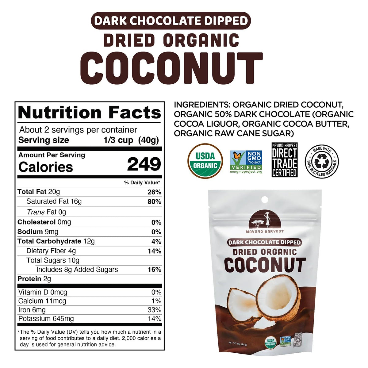 Mavuno Harvest fair-trade coconut snacks packaged for 1 lb.