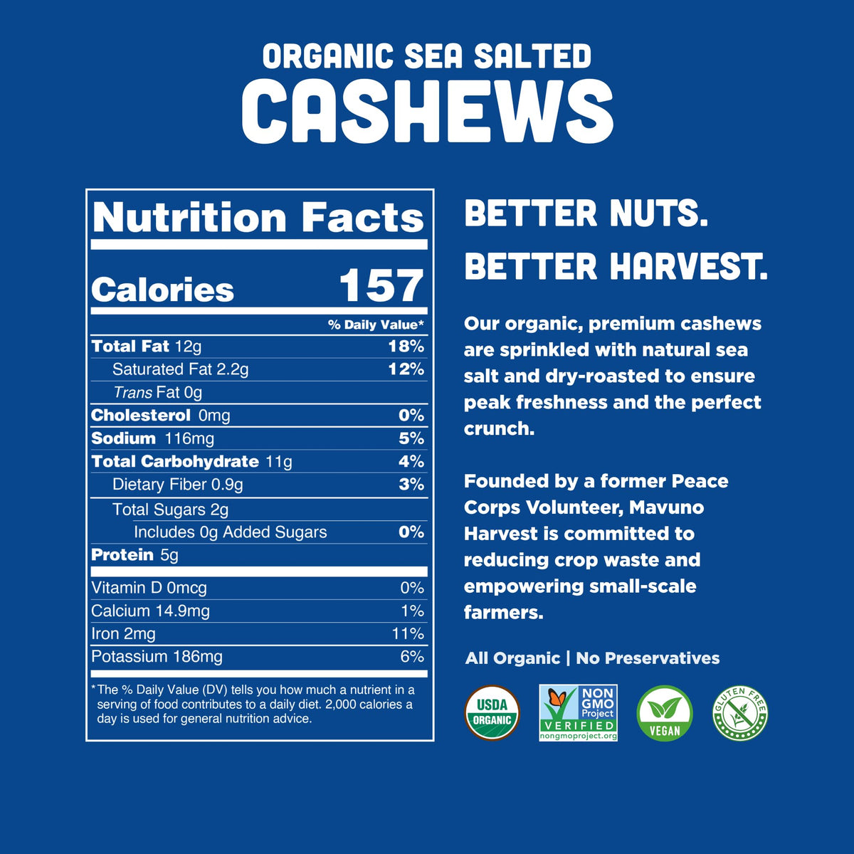 Mavuno Harvest organic cashews with USDA seal, all natural