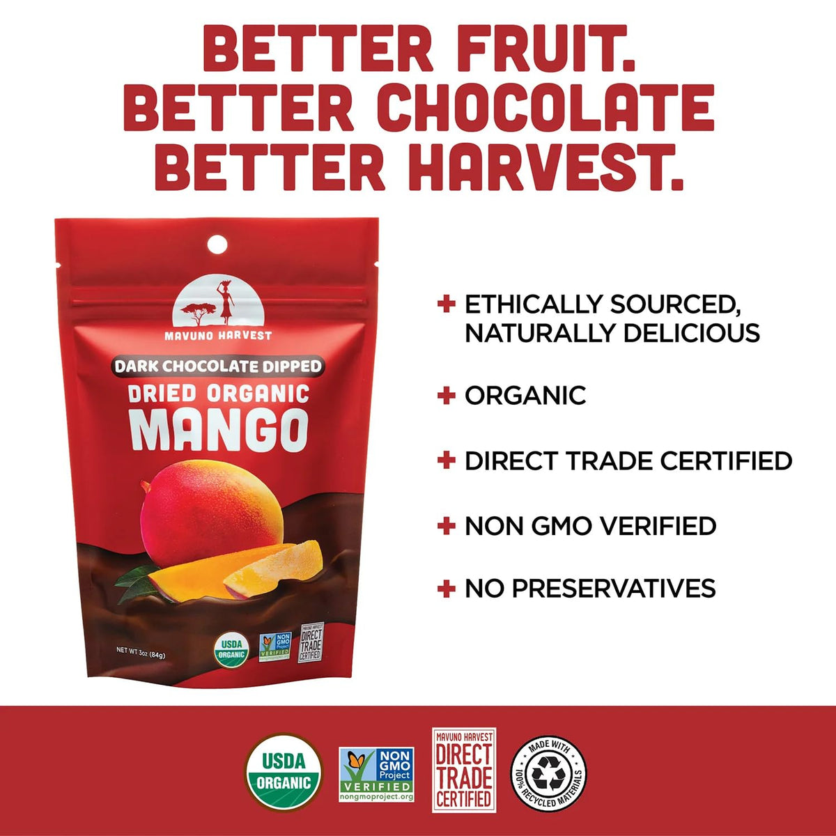 Mavuno Harvest organic certification label signals trusted organic and fair trade standards.
