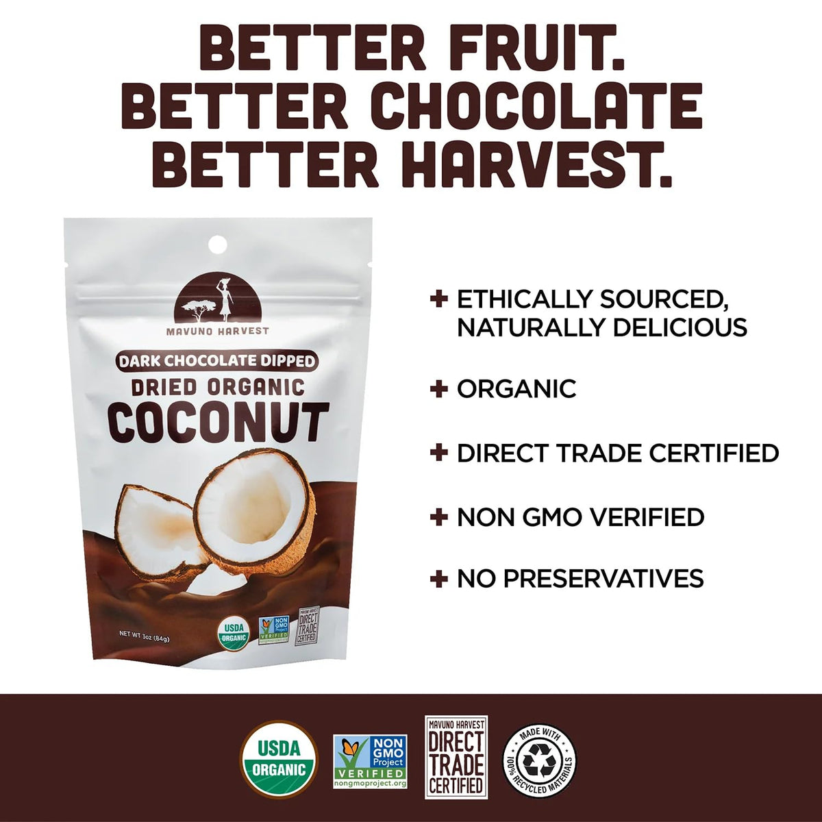 Mavuno Harvest organic dried coconut snacks, preservative-free and convenient.
