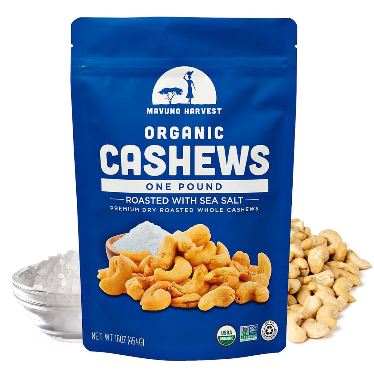 Mavuno Harvest organic roasted cashews with sea salt in a bowl, protein-packed snack for anytime